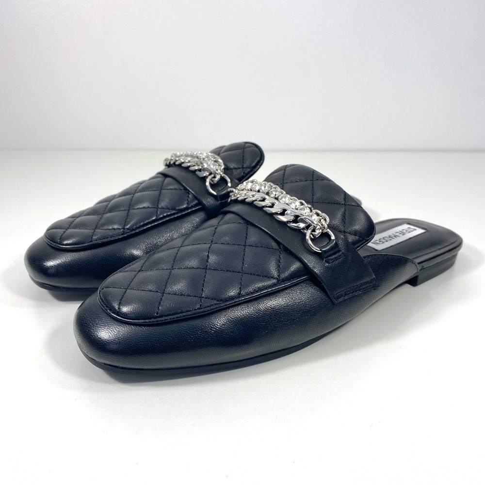 Steve Madden Kalista Black Quilted Leather Chain Rhinestone Mules Slides 9.5